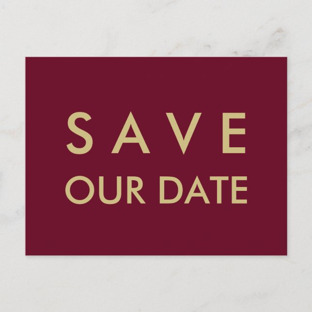 Plain Burgundy & Gold Save the Date Announcement Postcard (Front)