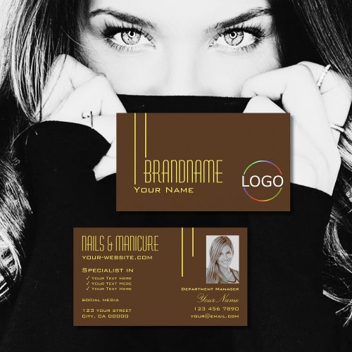 Plain Chocolate Brown with Logo and Photo Stylish Business Card