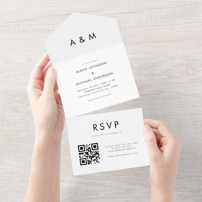 Plain Clean White Minimalist QR Code Wedding All In One Invitation (Tearaway)