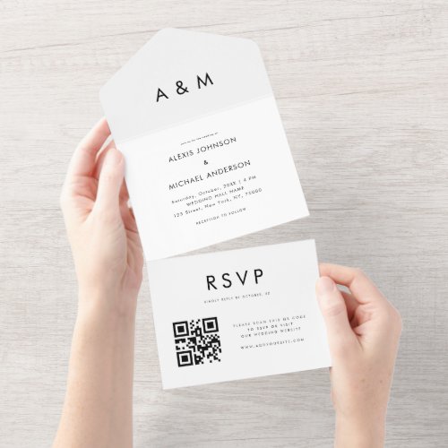 Plain Clean White Minimalist QR Code Wedding All In One Invitation