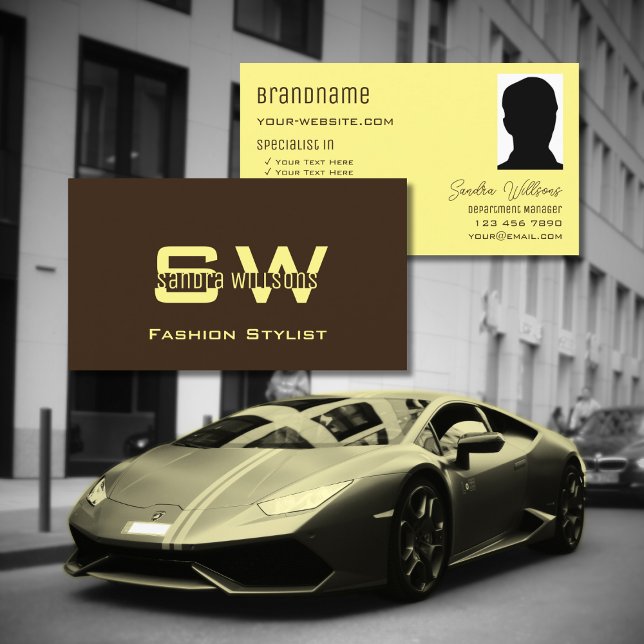 Plain Coffee Brown Cream with Monogram and Photo Business Card (Creator Uploaded)