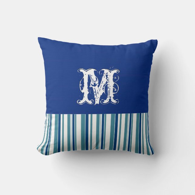 Plain Dark Blue Background. Monogram Retro Stripes Throw Pillow (Front)
