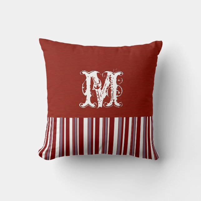 Plain Dark Red Background. Monogram Retro Stripes Throw Pillow (Front)