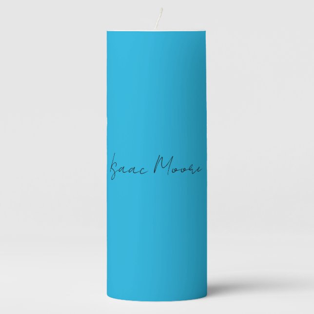 Plain Elegant Blue Script Calligraphy Name Pillar Candle (Front)