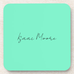 Plain Elegant Green Blue Script Calligraphy Name Beverage Coaster