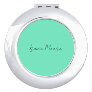 Plain Elegant Green Blue Script Calligraphy Name Compact Mirror