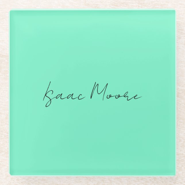 Plain Elegant Green Blue Script Calligraphy Name Glass Coaster (Front)