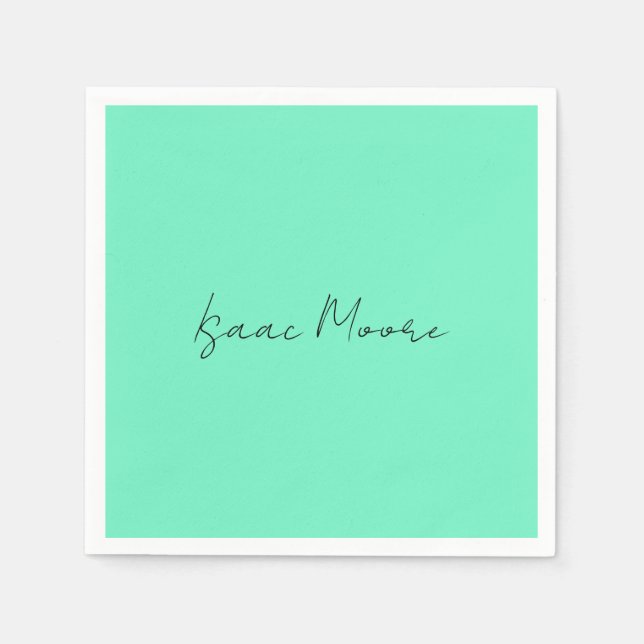 Plain Elegant Green Blue Script Calligraphy Name Napkins (Front)