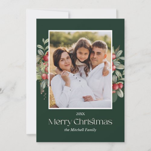 Plain Elegant Merry Christmas Floral Berries PHOTO Holiday Card