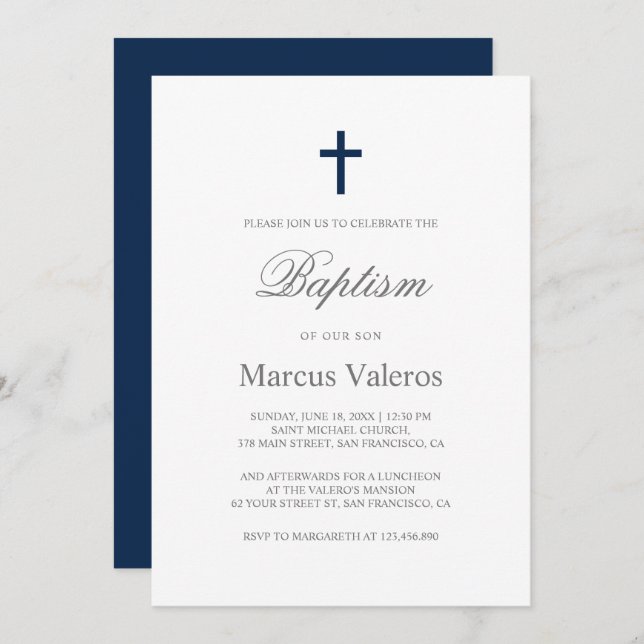 Plain Elegant Simple Navy Blue Cross Baptism   Invitation (Front/Back)