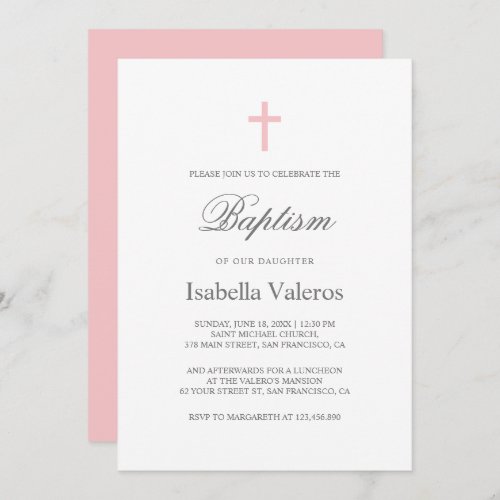 Plain Elegant Simple Pink Cross Baptism Invitation