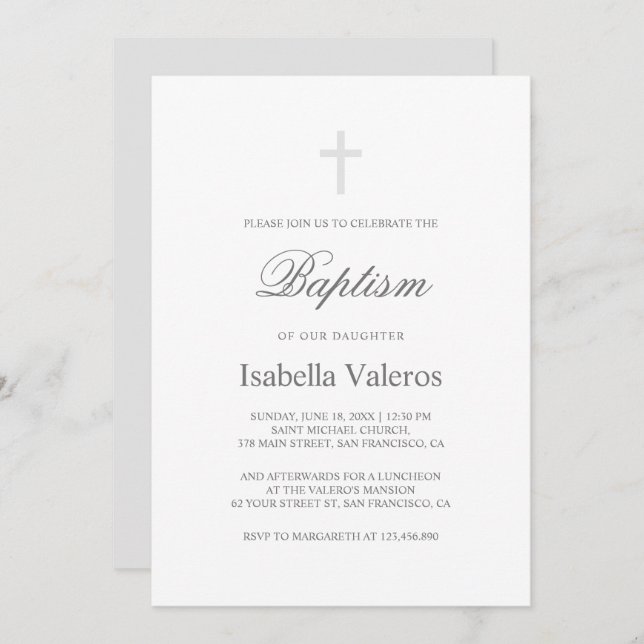 Plain Elegant Simple Silver gray Cross Baptism  Invitation (Front/Back)