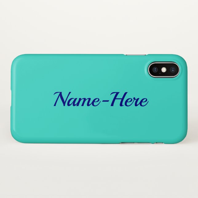 Plain, Elegant, Turquoise Background & Blue Name iPhone Case (Back (Horizontal))