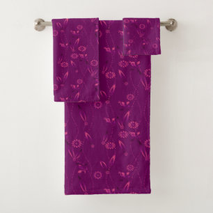 Plain floral pattern retro burgundy bath towel set