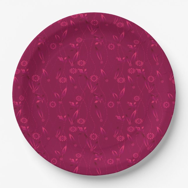 Plain floral pattern retro red paper plates (Front)