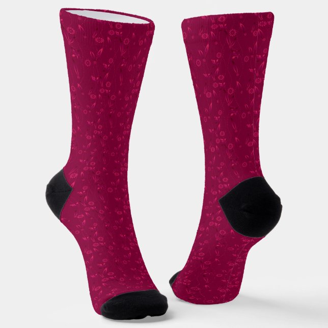 Plain floral pattern retro red socks (Angled)