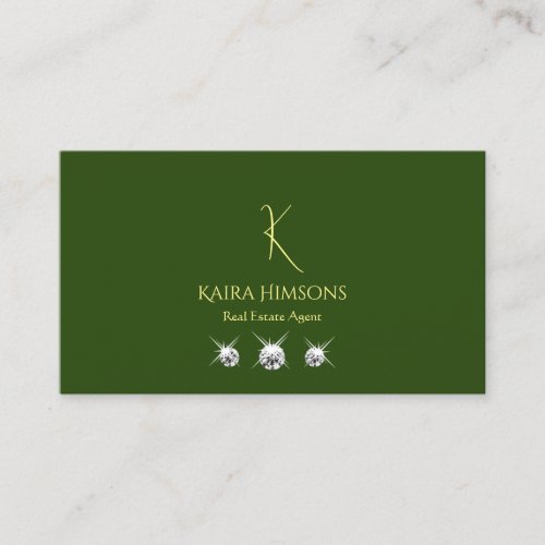 Plain Forest Green with Monogram and Jewels Simple Business Card