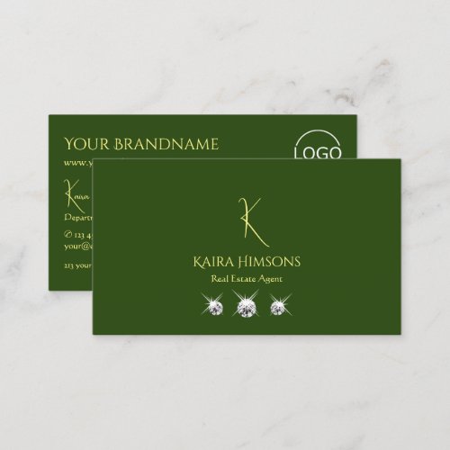 Plain Forest Green with Monogram Logo and Jewels Business Card