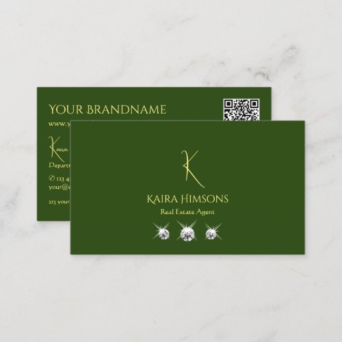 Plain Forest Green with Monogram QRCode and Jewels Business Card