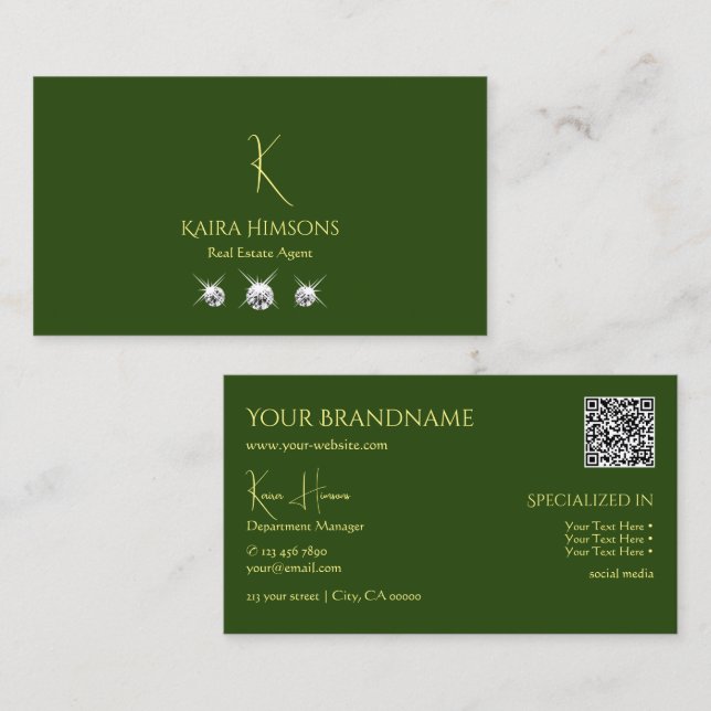 Plain Forest Green with Monogram QRCode and Jewels Business Card (Front/Back)