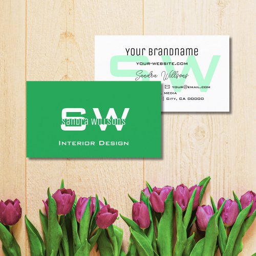 Plain Grass Green and White Simple with Monogram Business Card