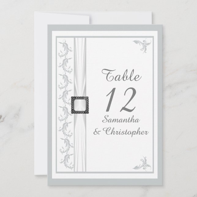 Plain gray and white damask wedding table number (Front)
