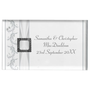 Plain gray and white traditional wedding place card holder