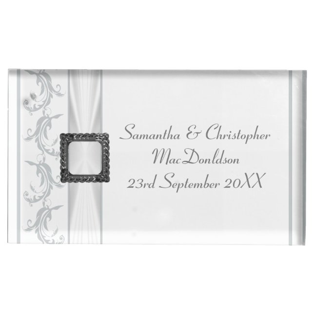 Plain gray and white traditional wedding place card holder (Front)