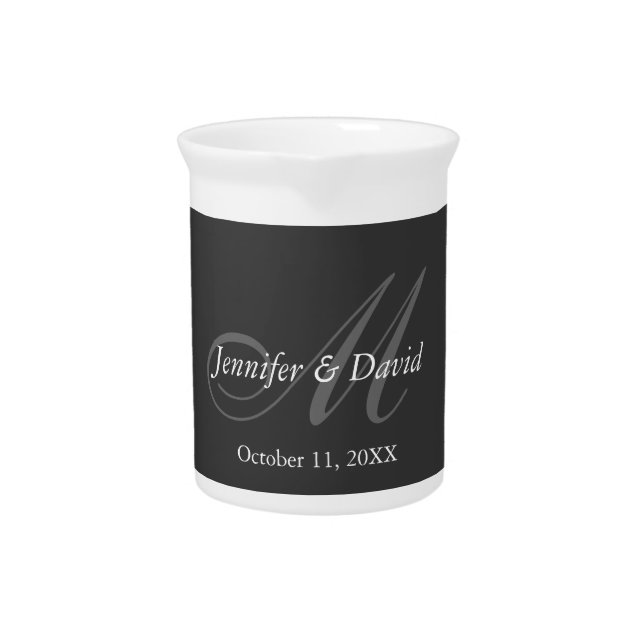 Plain Gray Monogram Wedding Bride Groom Names Beverage Pitcher (Front)
