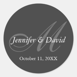 Plain Gray Monogram Wedding Bride Groom Names Classic Round Sticker