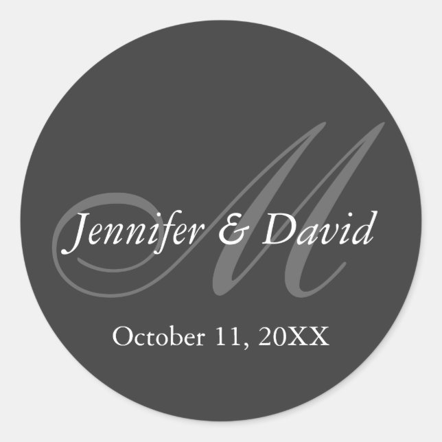 Plain Gray Monogram Wedding Bride Groom Names Classic Round Sticker (Front)