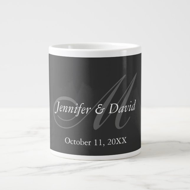 Plain Gray Monogram Wedding Bride Groom Names Giant Coffee Mug (Front)