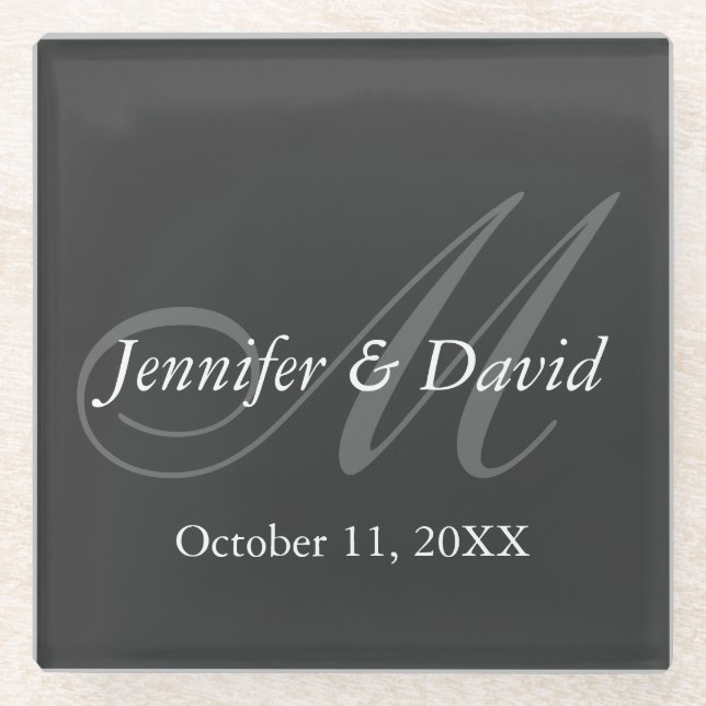 Plain Gray Monogram Wedding Bride Groom Names Glass Coaster (Front)