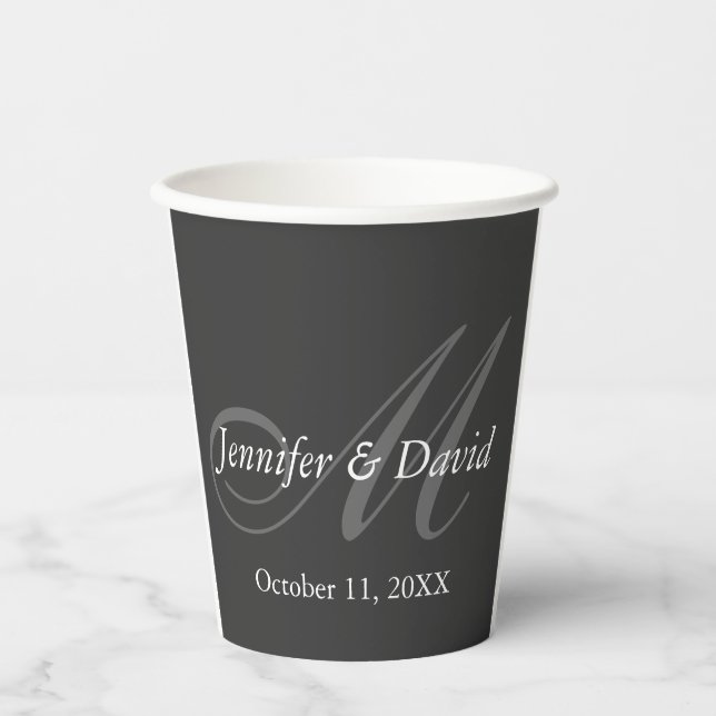 Plain Gray Monogram Wedding Bride Groom Names Paper Cups (Front)