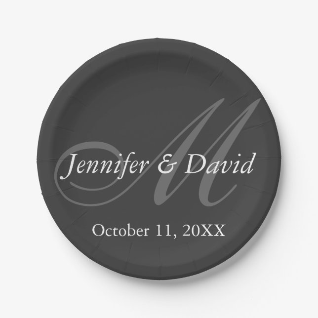 Plain Gray Monogram Wedding Bride Groom Names Paper Plates (Front)