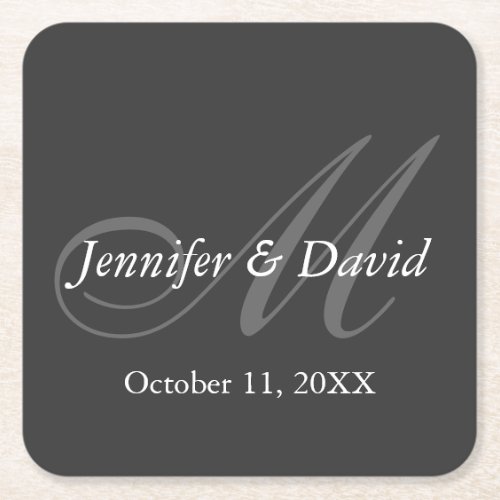 Plain Gray Monogram Wedding Bride Groom Names Square Paper Coaster