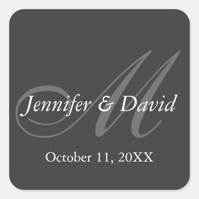 Plain Gray Monogram Wedding Bride Groom Names Square Sticker (Front)