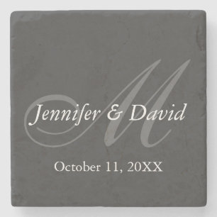 Plain Gray Monogram Wedding Bride Groom Names Stone Coaster