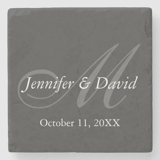 Plain Gray Monogram Wedding Bride Groom Names Stone Coaster (Front)