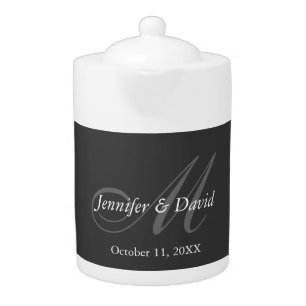 Plain Gray Monogram Wedding Bride Groom Names Teapot