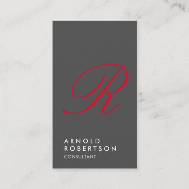 Plain Gray Trendy Red Monogram Business Card (Front)