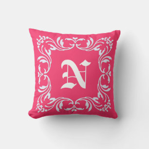 Plain Hot pink background and Damask Monogram Throw Pillow