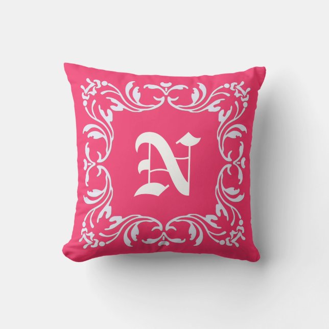 Plain Hot pink background and Damask Monogram Throw Pillow (Front)