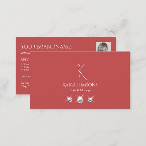 Plain Indian Red with Monogram Photo and Jewels Business Card