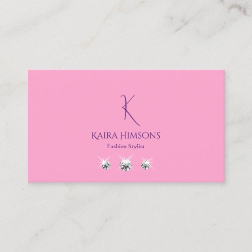 Plain Light Pink with Monogram and Jewels Stylish Business Card