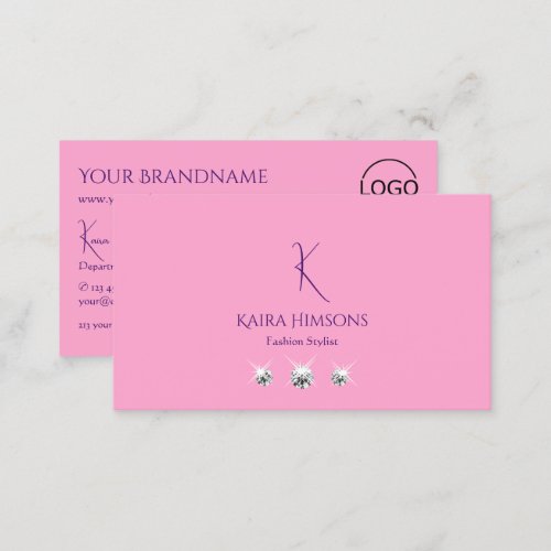 Plain Light Pink with Monogram Logo and Jewels Business Card