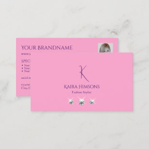 Plain Light Pink with Monogram Photo and Jewels Business Card