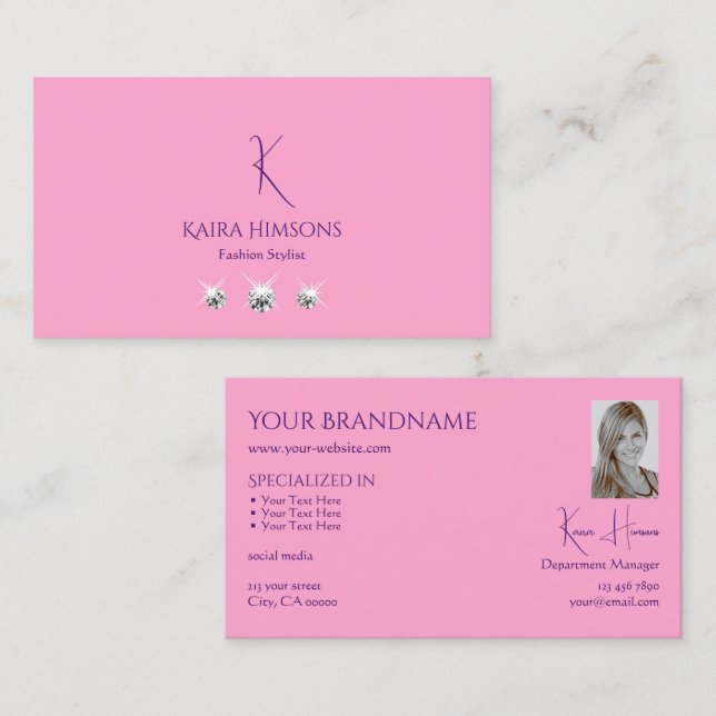 Plain Light Pink with Monogram Photo and Jewels Business Card (Front/Back)