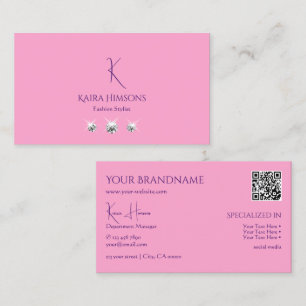Plain Light Pink with Monogram QR-Code and Jewels Business Card