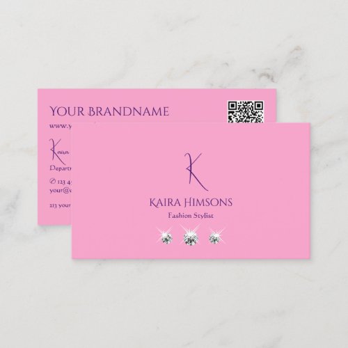 Plain Light Pink with Monogram QR_Code and Jewels Business Card